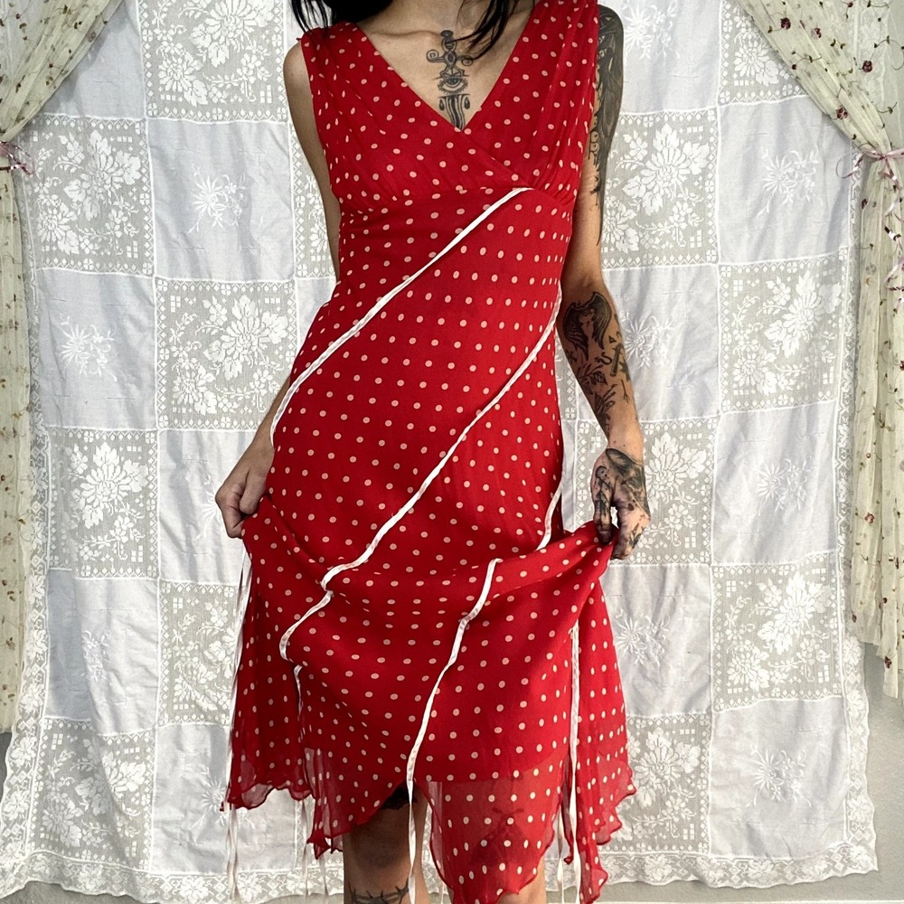 Robbie Bee Y2K 100% Silk Red Polka Dot Dress Bias Cut Handkerchief Hem Sz 8